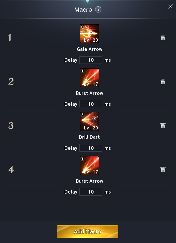 The in-game macro panel: skill order and the 10 ms delay on each step.